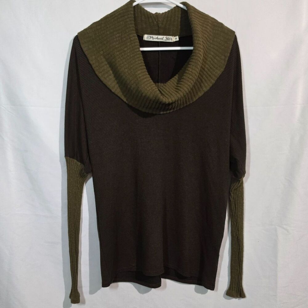 Michael Stars Cowl Neck Sweater Brown Green Waffle Knit Long Sleeve Sm